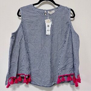 NWT | Charlie Paige | Large | Gingham Cold Shoulder Top with Pink Tassels